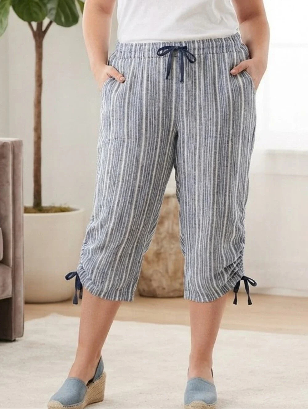 Lane Bryant 22/24 Navy and White Striped Linen Blend Pants